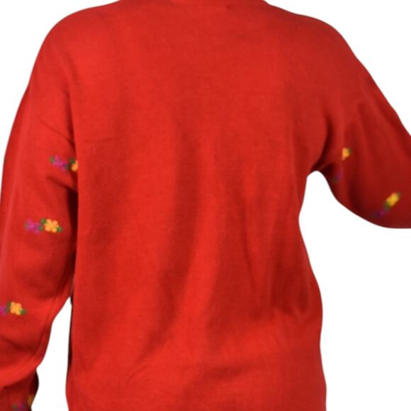 Vintage Birch Bros Eagles Eye Embroidery Sweater Red Floral Bouquet Medium Large - Picture 5 of 14